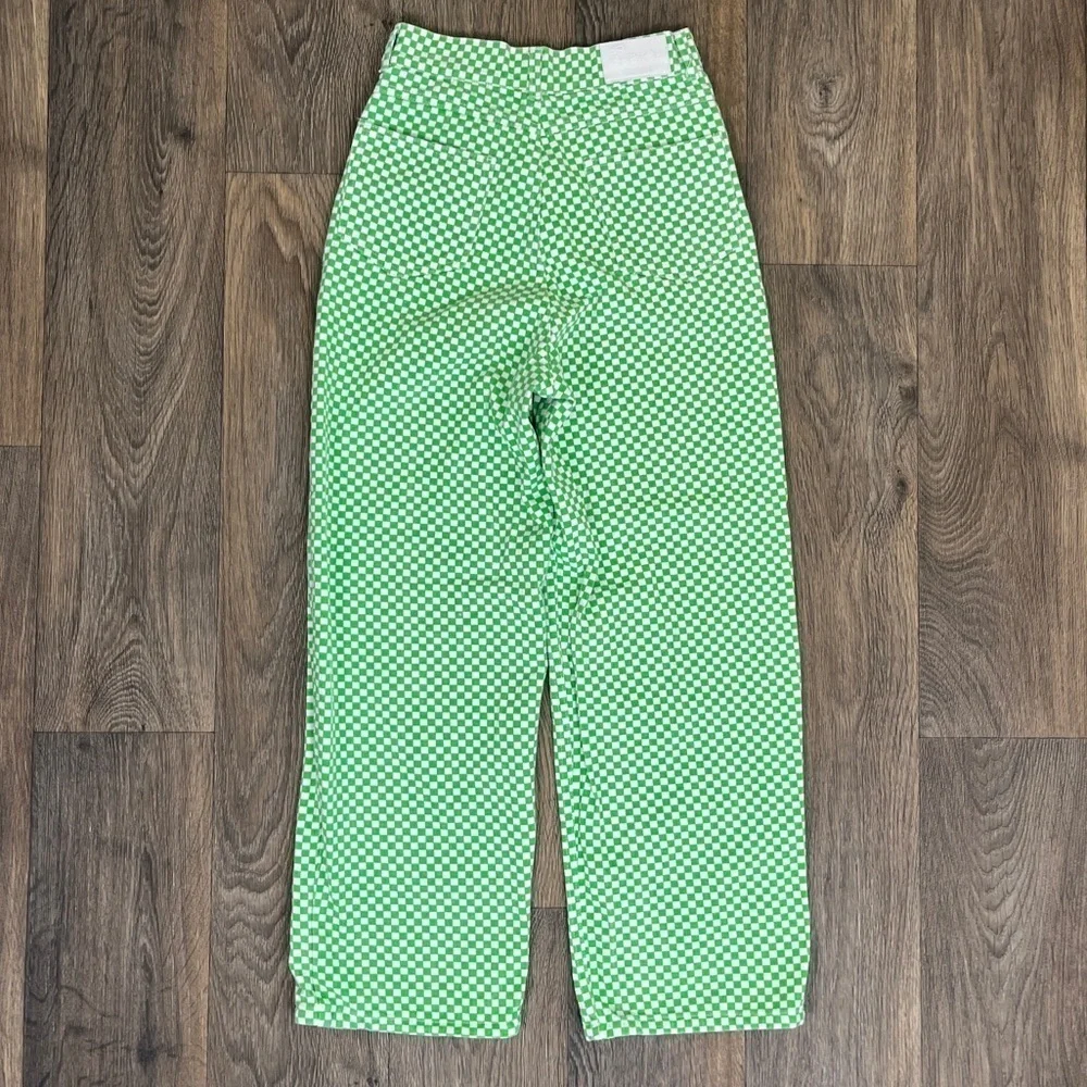 Shekou Women Size XS Linen Green Checkered Straight Leg High Waisted Trousers